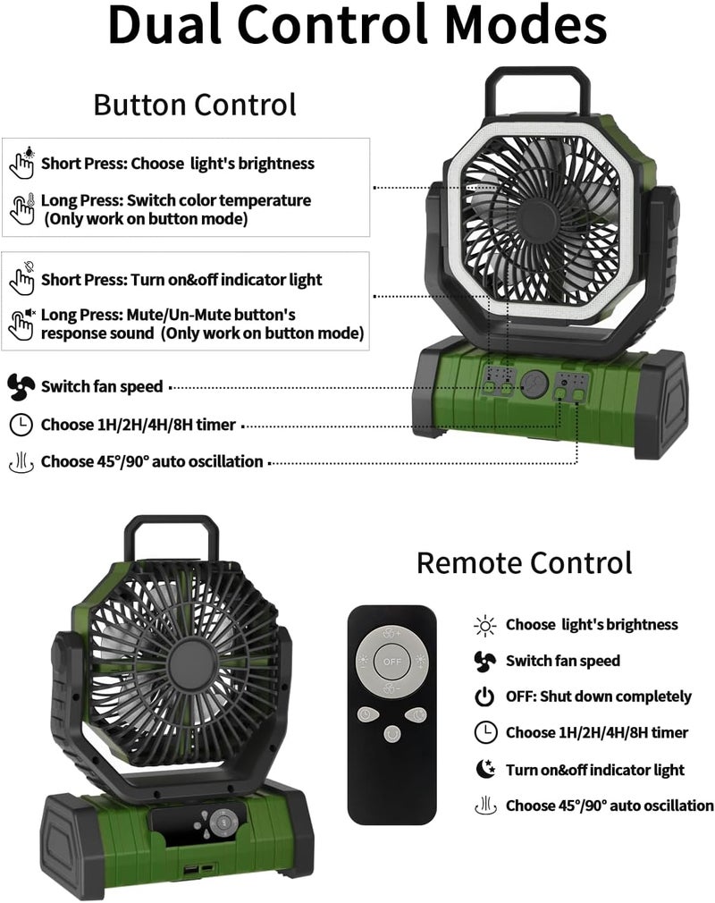Adust Camping Battery Powered Fan with LED Light 20000mAh Rechargeable Portable, Oscillating Cordless USB Desk Fan with Rotation Hanging Hook for Tent, Canopy, Beach, Outdoor Travel(Green) - Image 5
